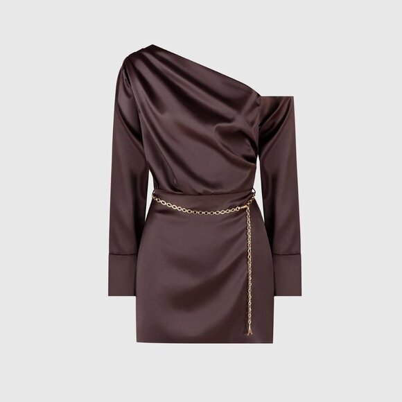 NEW Manière De Voir Dark Chocolate Brown Off Shoulder Satin Dress Size 42/ US 10 - Picture 4 of 11